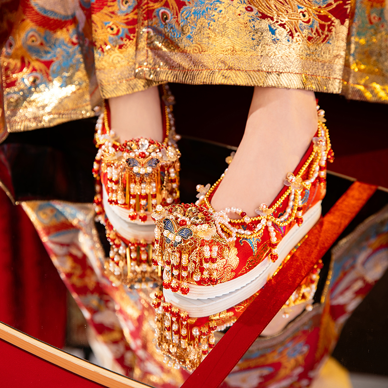 Original Handmade Hanfu Wedding Shoes, M Ing Dynasty Style Heavywork Hidden Heel Xiuhe Shoes, Chinese Wedding Bride Embroidered Shoes For Women foto 5