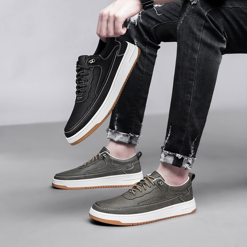 Men's Cowhide Board Shoes Thick Bottom Retro Trendy Flat Handmade Sewing foto 4