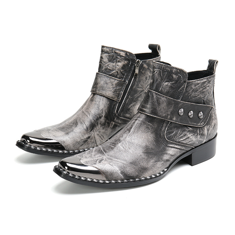 Chunky Heel Cowhide Gray Lace-up Motorcycle Boots Hairstylist Leather Boots foto 5