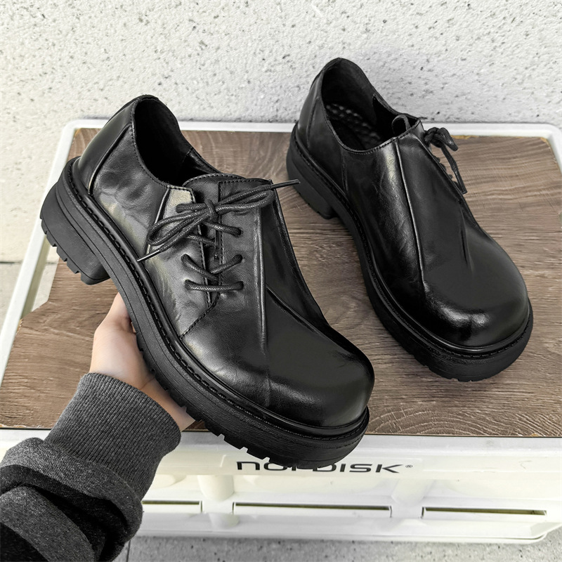 Inner Height Increasing Black Platform Warped Head Leather Shoes foto 3