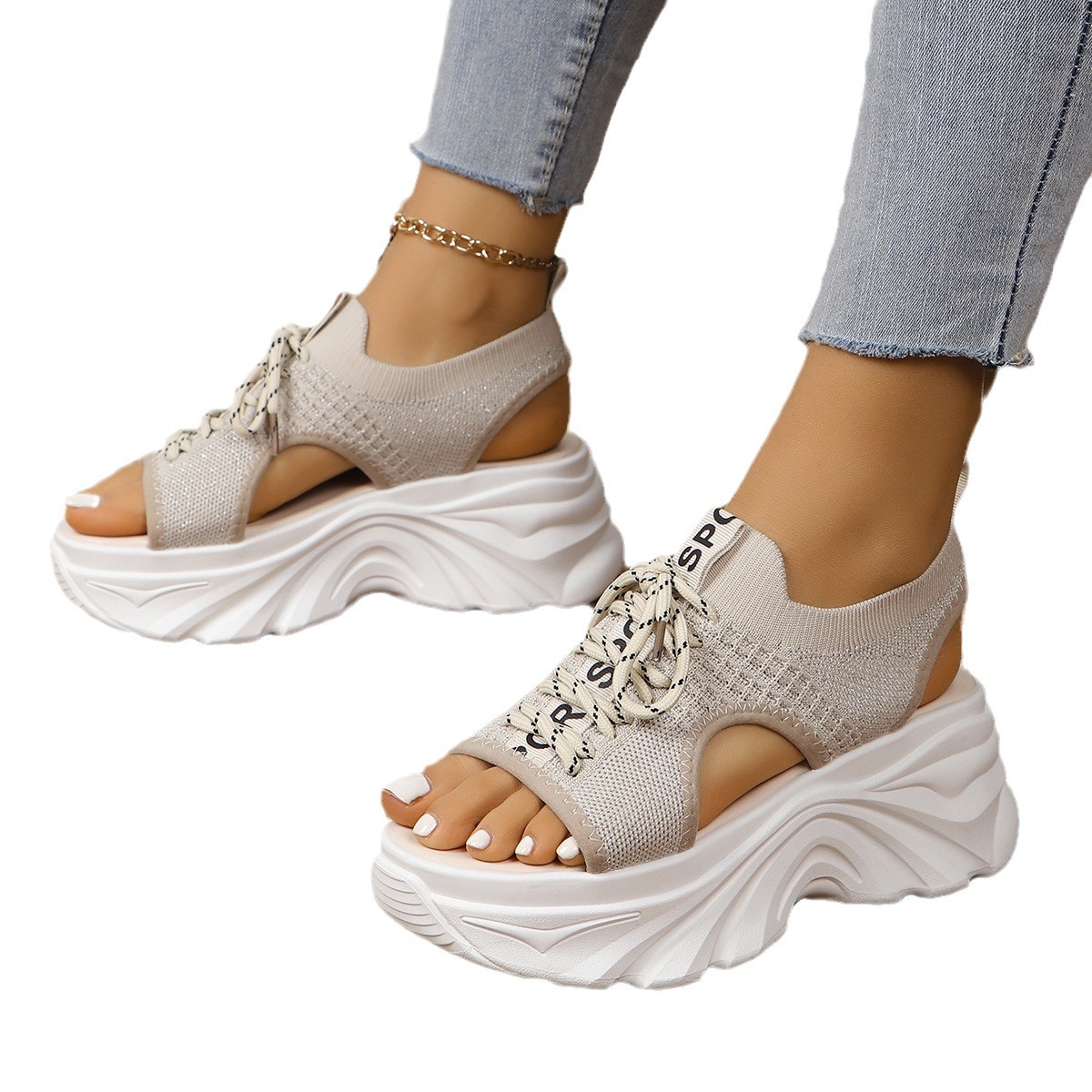 Women's Shoes Fashion Hollowed-out Mid Heel Mesh Sports Platform Sandals foto 4