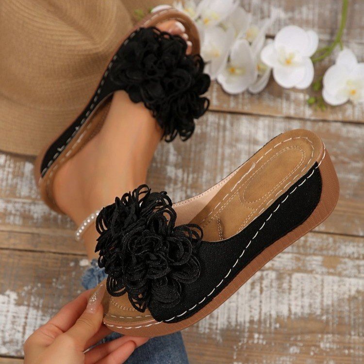 Plus-size Summer Wedge Mule Sandals With A Fish-mouth Toe Ankle Strap And Floral Design For Outdoor Wear foto 5