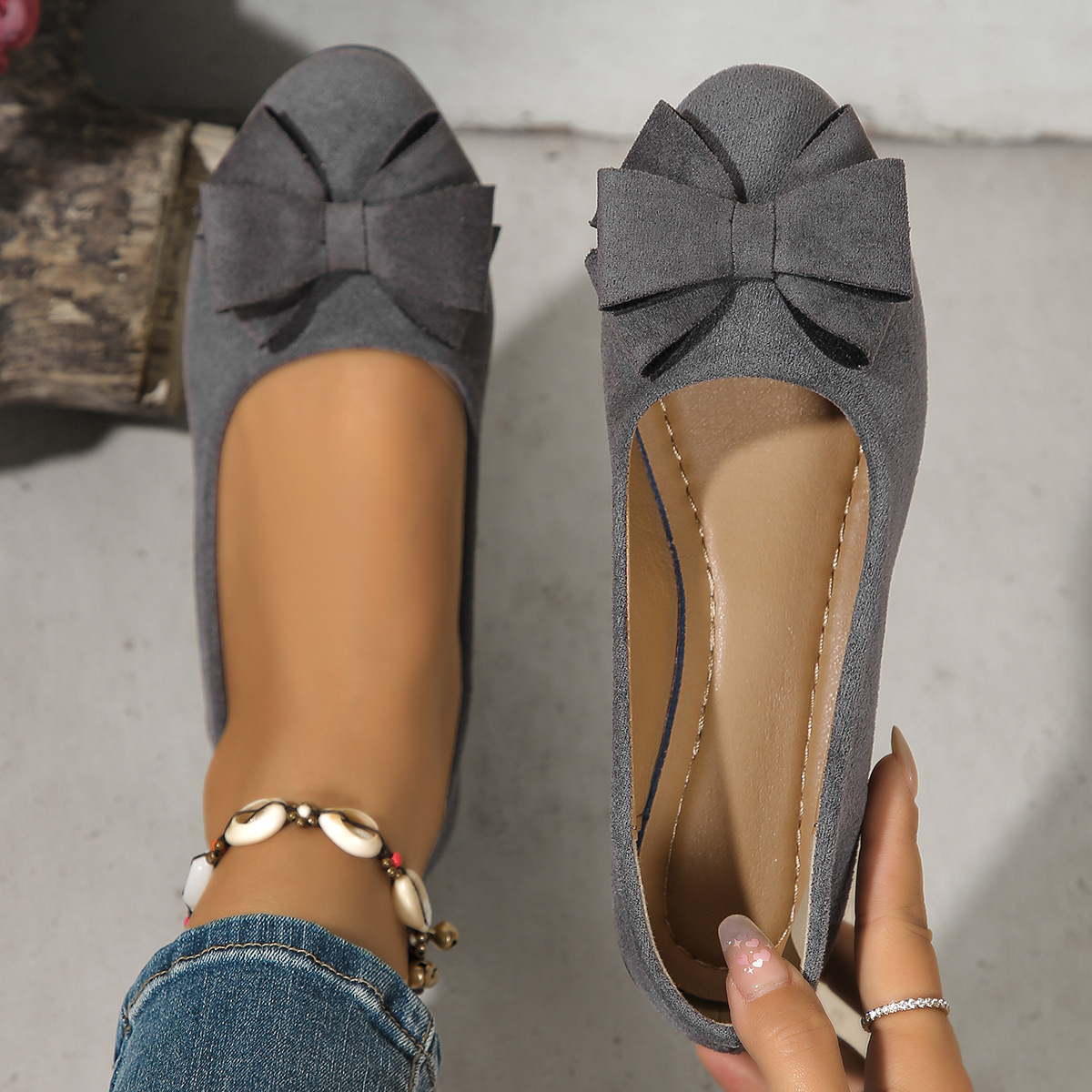 Womens Suede Bowtie Cross-Strap Slip-On Shoes With Elastic Band foto 3
