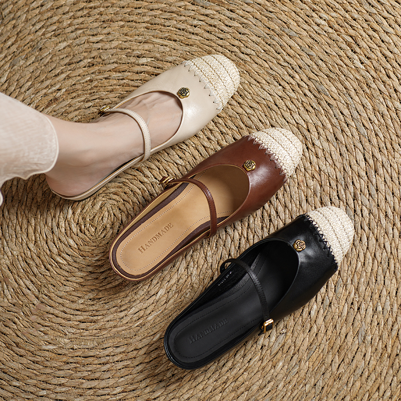 Women's Handmade Full-Grain Leather Mary Jane Mules, Square-Toe Espadrille-Style Slide Sandals foto 2