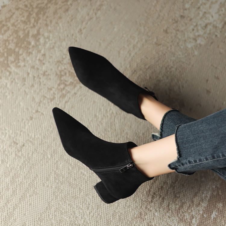 Women's Matte Suede Chunky-Heel Ankle Boots With Pointed Toe And Side Zipper foto 3