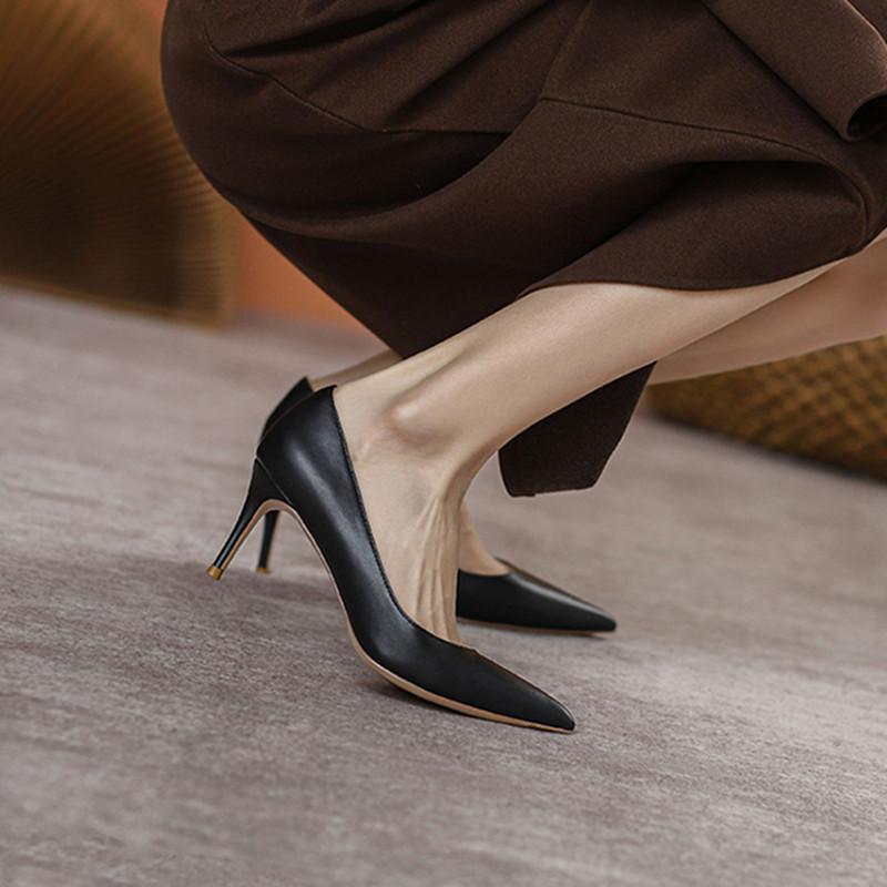 French Pointed High Heel Shoes Black Work Temperament Wide Feet foto 3