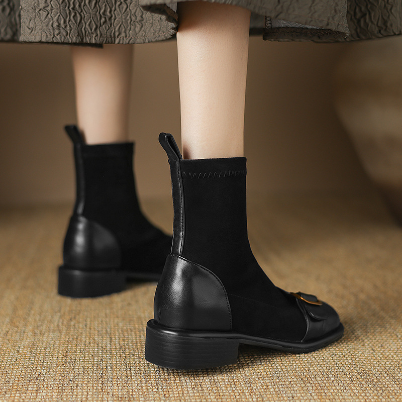 Casual Low Heel Martin Boots Belt Buckle Stitching Short Boots foto 3