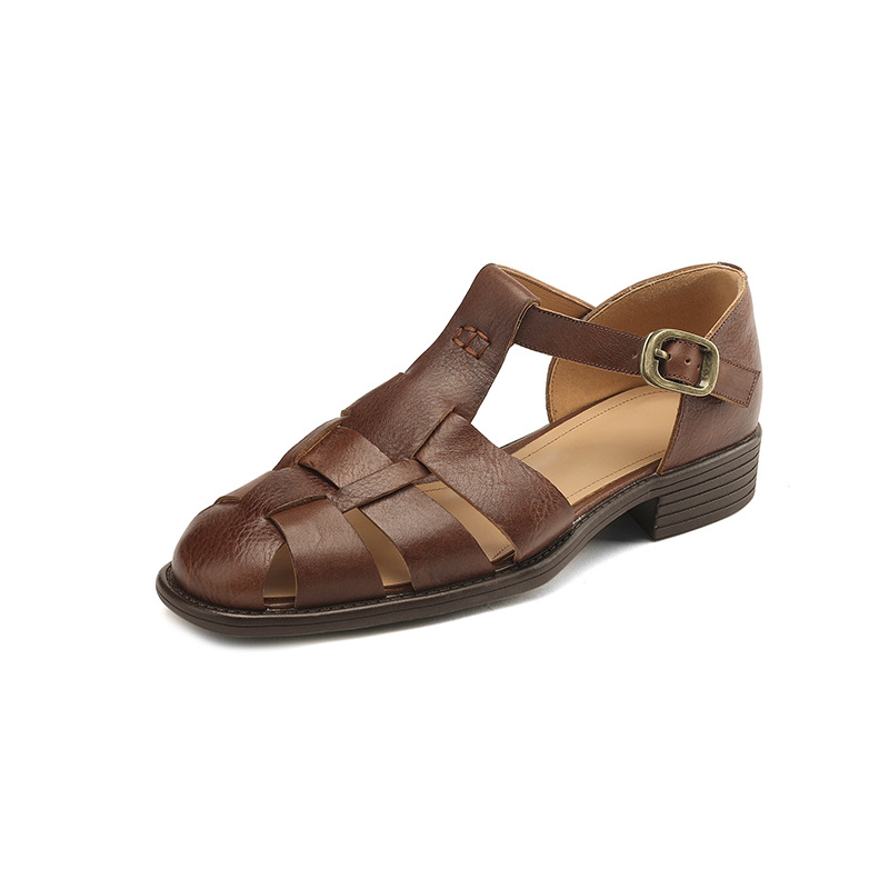 Round Toe Low Heel Leather French Retro Roman Sandals Flat Women's foto 5