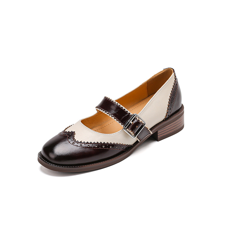 Square Head Female Color-blocking Leather Shoes Middle Documentary foto 5
