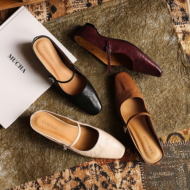 Women's Handmade Genuine Sheepskin Mary Jane Mules, Square-Toe Low Block Heel Slides foto 3