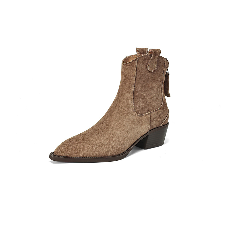 Pointed Toe Chunky Heel Back Zip Short Boots Women's foto 3