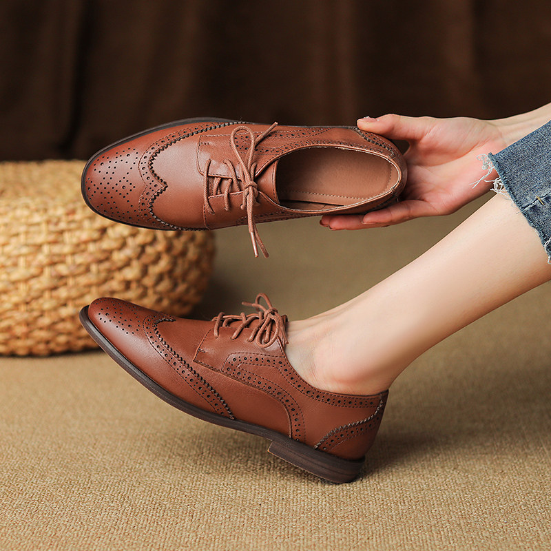 Womens British-style Lace-up Low-heeled Peep-toe Shoes foto 2