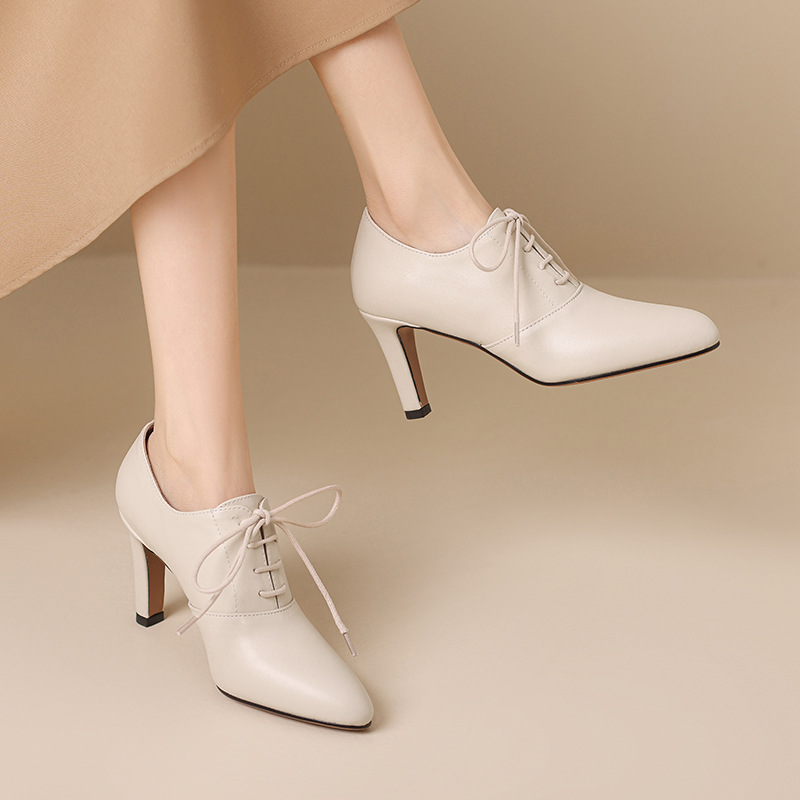 High Heel Lace-up Authentic Leather British Style Pointed Leather Shoes Mid Heel Loafers foto 5