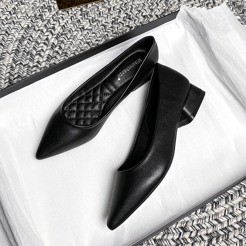 Elegant Low-heeled Black Leather Shoes With A Soft Sole, Chunky Heel, And Pointed Toe, Perfect For Work foto 5