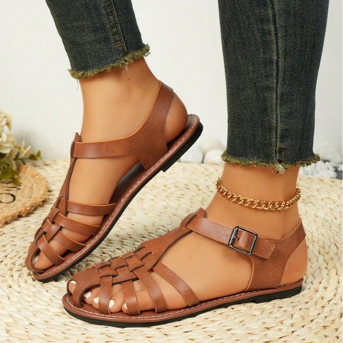 Vintage Weave Closed Toe Sandals Women's Seaside Vacation Soft Bottom Brown Roman foto 2