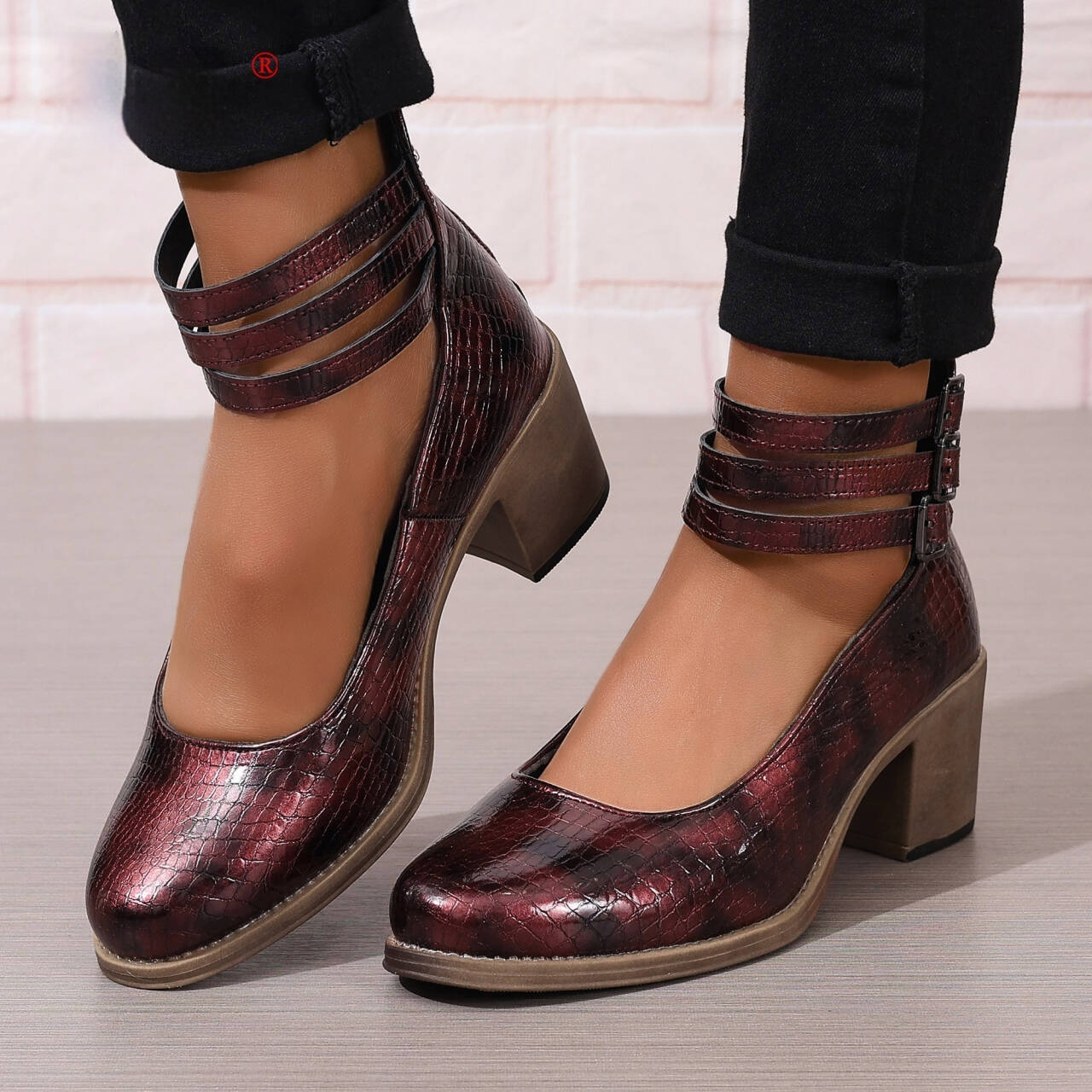 Retro 36-42 Large Size Chunky Heel Shoes With Back Zipper foto 2