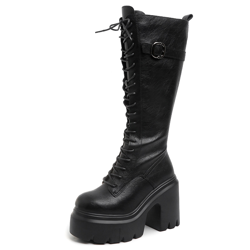 Womens Versatile High-heeled Round-toe Lace-up Over-the-knee Boots foto 3