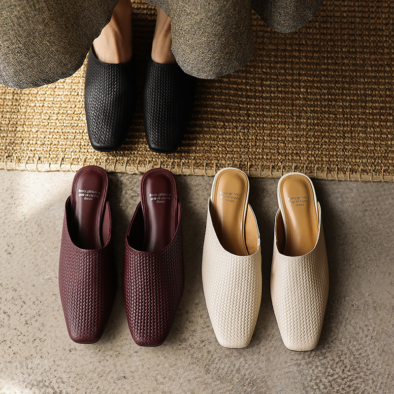 Women's Handmade Water-Stained Sheepskin Woven Mule Slides, Square-Toe Chunky Heel Backless Shoes With Pigskin Lining