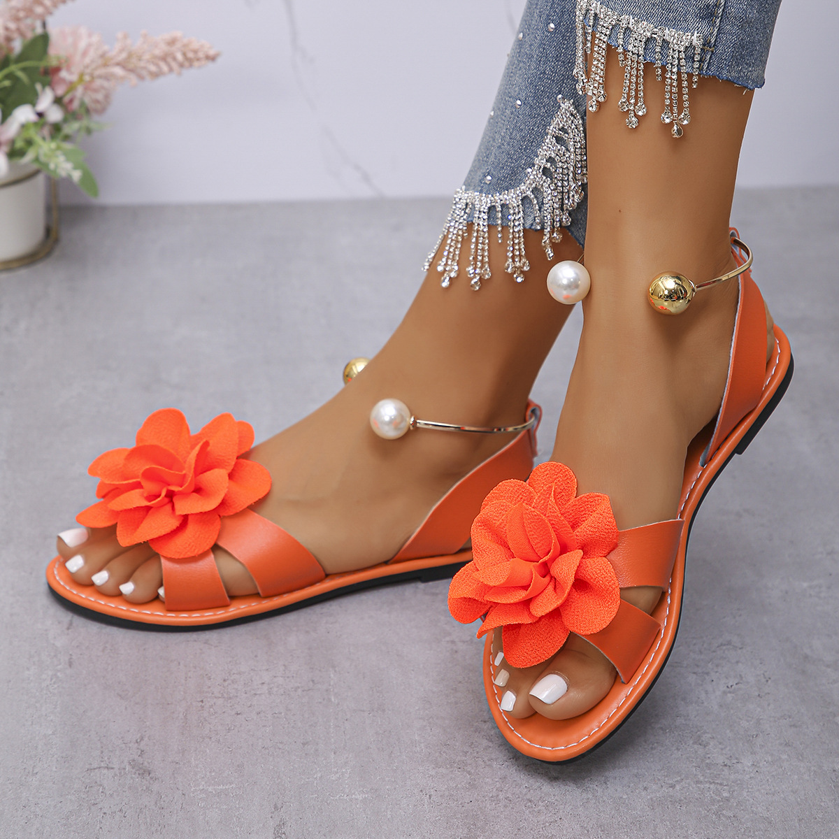 Womens Flat-sole Pearl Strap Sandals foto 4