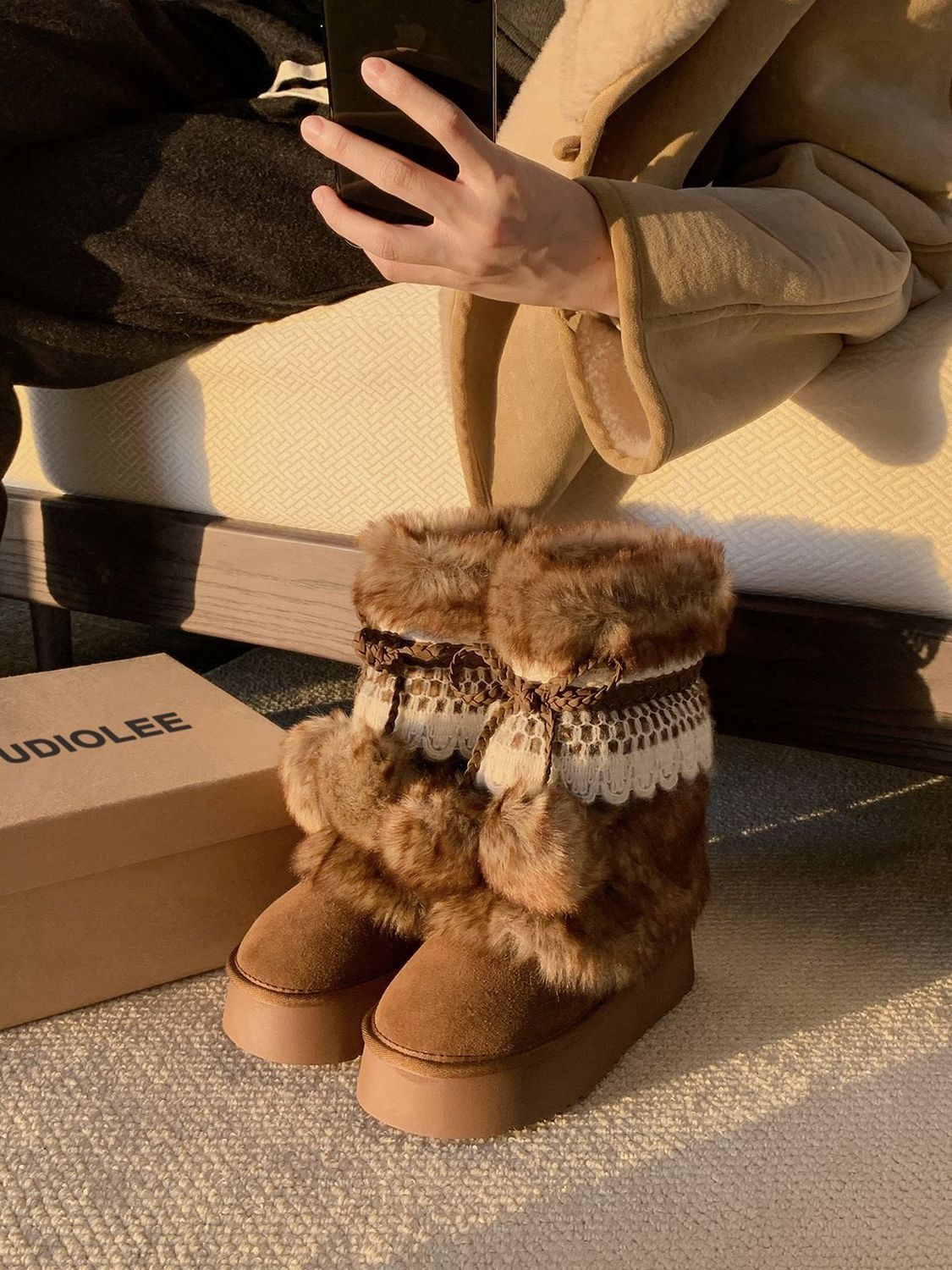 Retro Chunky Brown Boots With Fleece-lined Ankle Boots foto 5