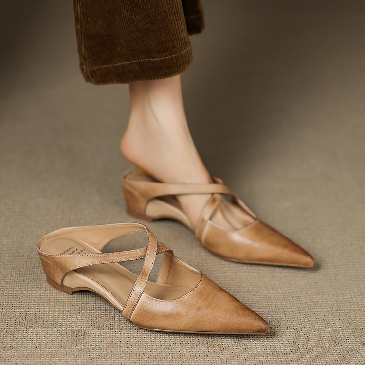 Vintage First Layer Washed Cowhide Pointed-toe Mules Shoes Outer Wear foto 5