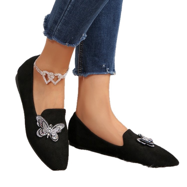 Arrival Black Flat-Heeled Butterfly Shoes Womens Suede Pointed-toe Slip-on Loafers Comfortable Shallow-mouth Pumps foto 2