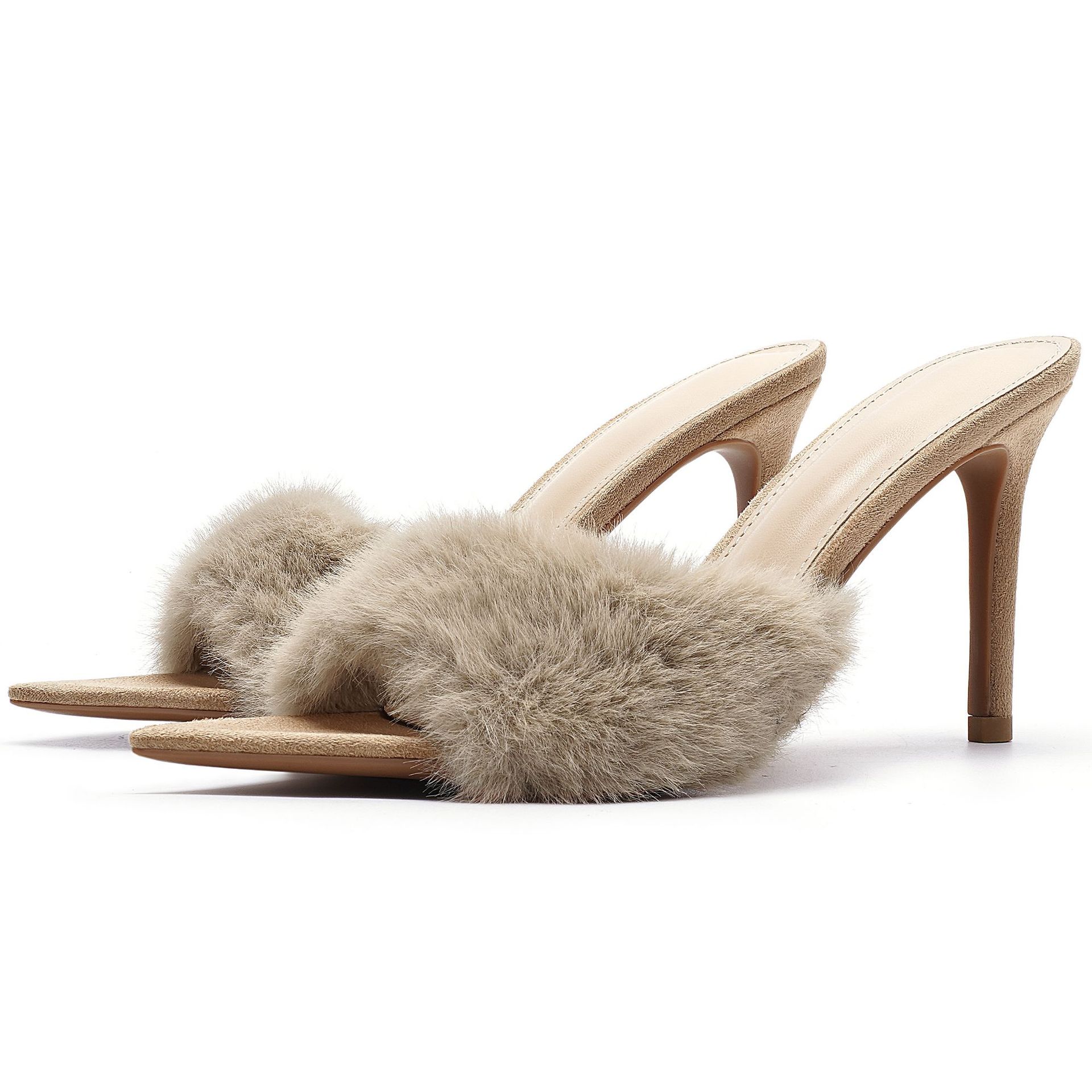Pointed-toe Slender High-heel Non-slip Plush Shoes High-heel Slippers foto 2