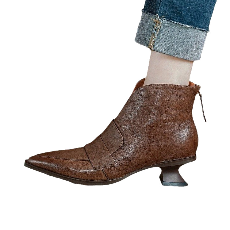 Womens French-style Vintage Pointed-toe Mid-heel Ankle Boots