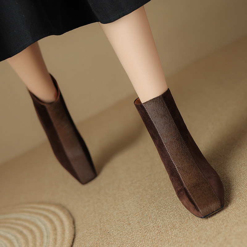 European And American-style Square-toe Chunky-heel Horsehair Short Boots In Winter Sheepskin foto 3