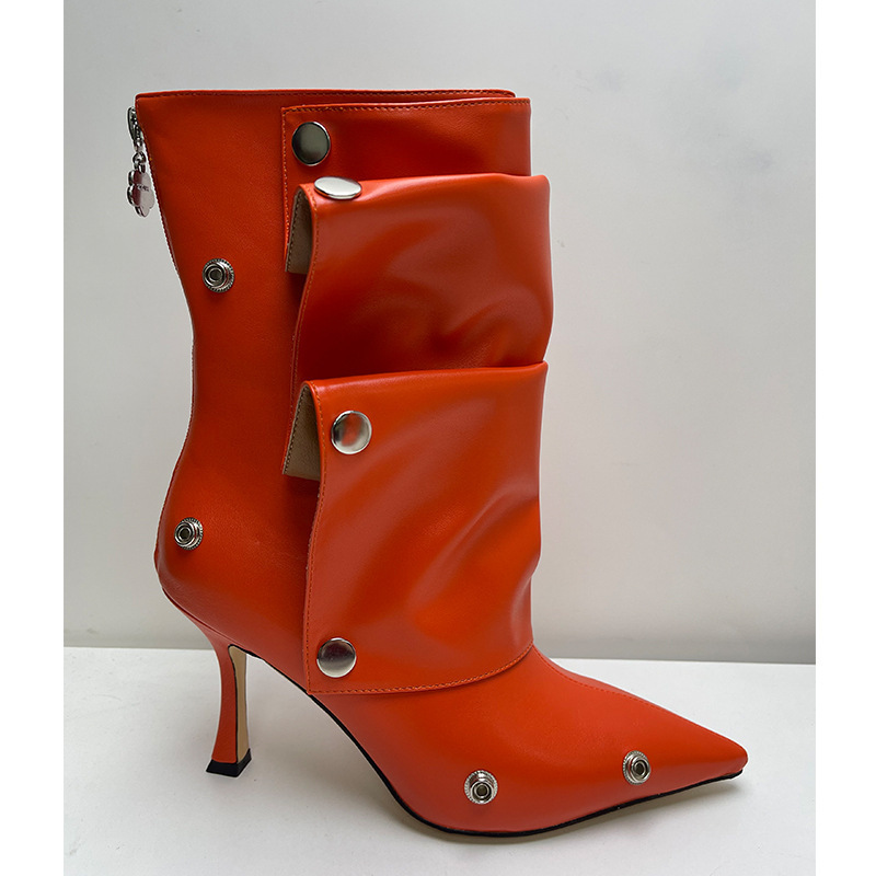 Women's High-heeled Pointed-toe Denim Patchwork Ankle Boots With Metal Studs foto 3