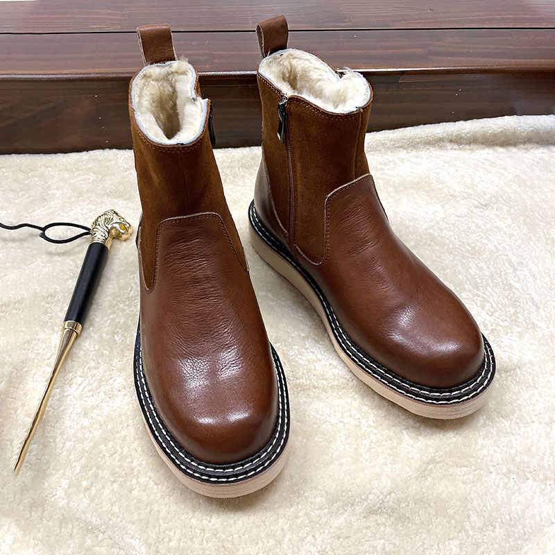 Men's Real Leather With Fleece Lining Sheepskin Fur Snow Boots foto 5