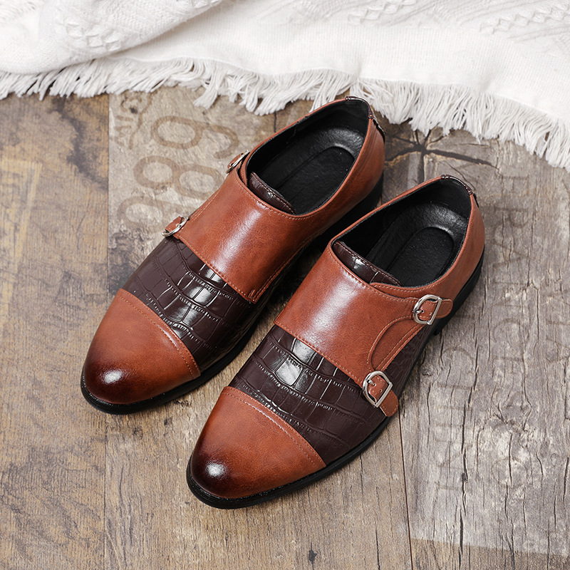 Men's Double Button Large Crocodile Patterned Leather Shoes foto 3