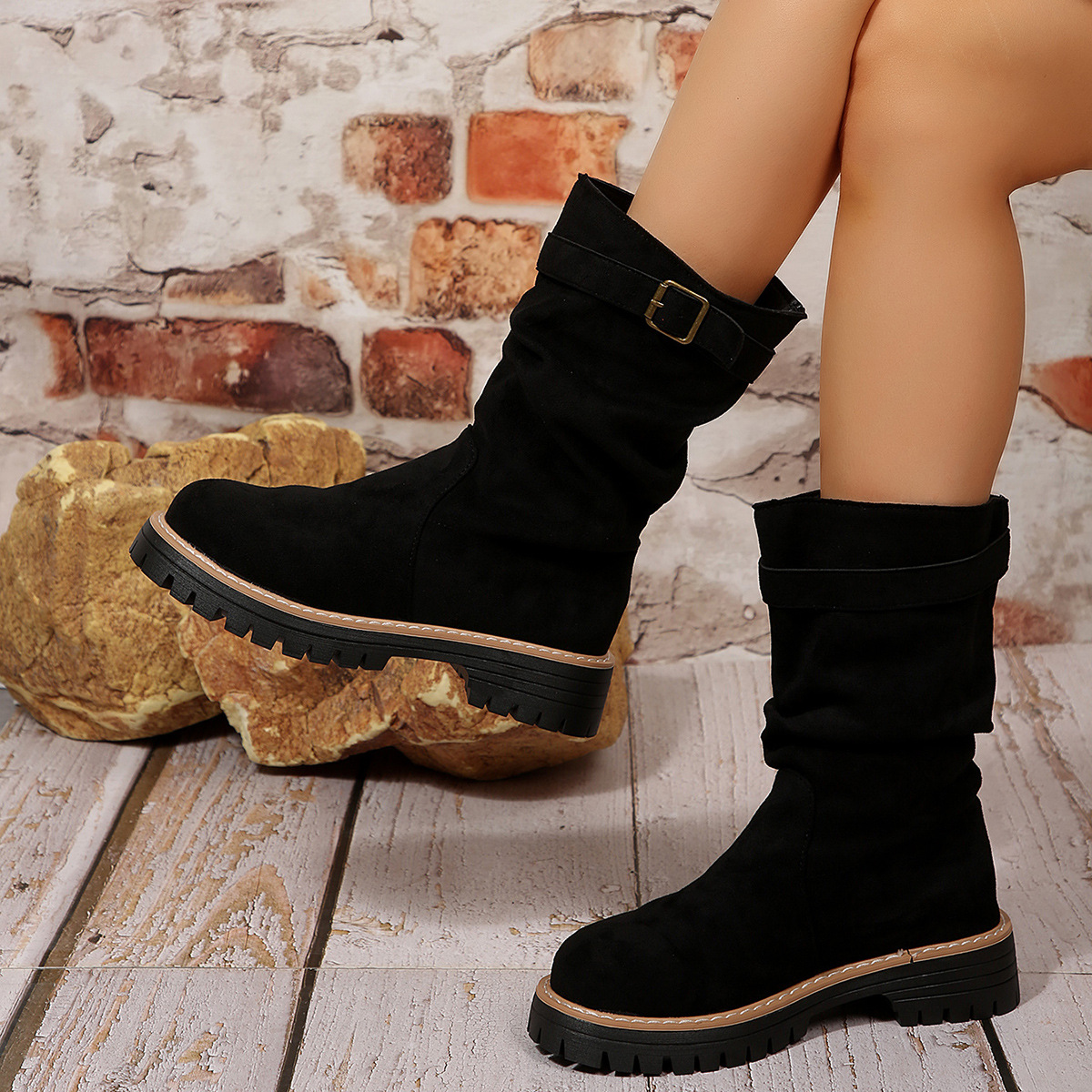 Womens Retro Mid-Calf Riding Boots foto 2