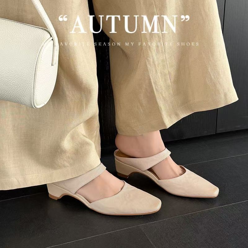 Women's Handmade Washed Leather Mary Jane Mules, Square Toe Mid Heel Slip-On Slides With Pigskin Lining foto 4