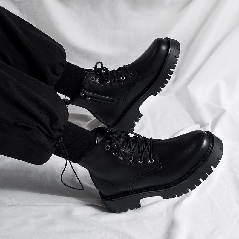 Men's High-top Side Zipper Leather Shoes Black Mid-Top Increased By Worker Boot foto 5