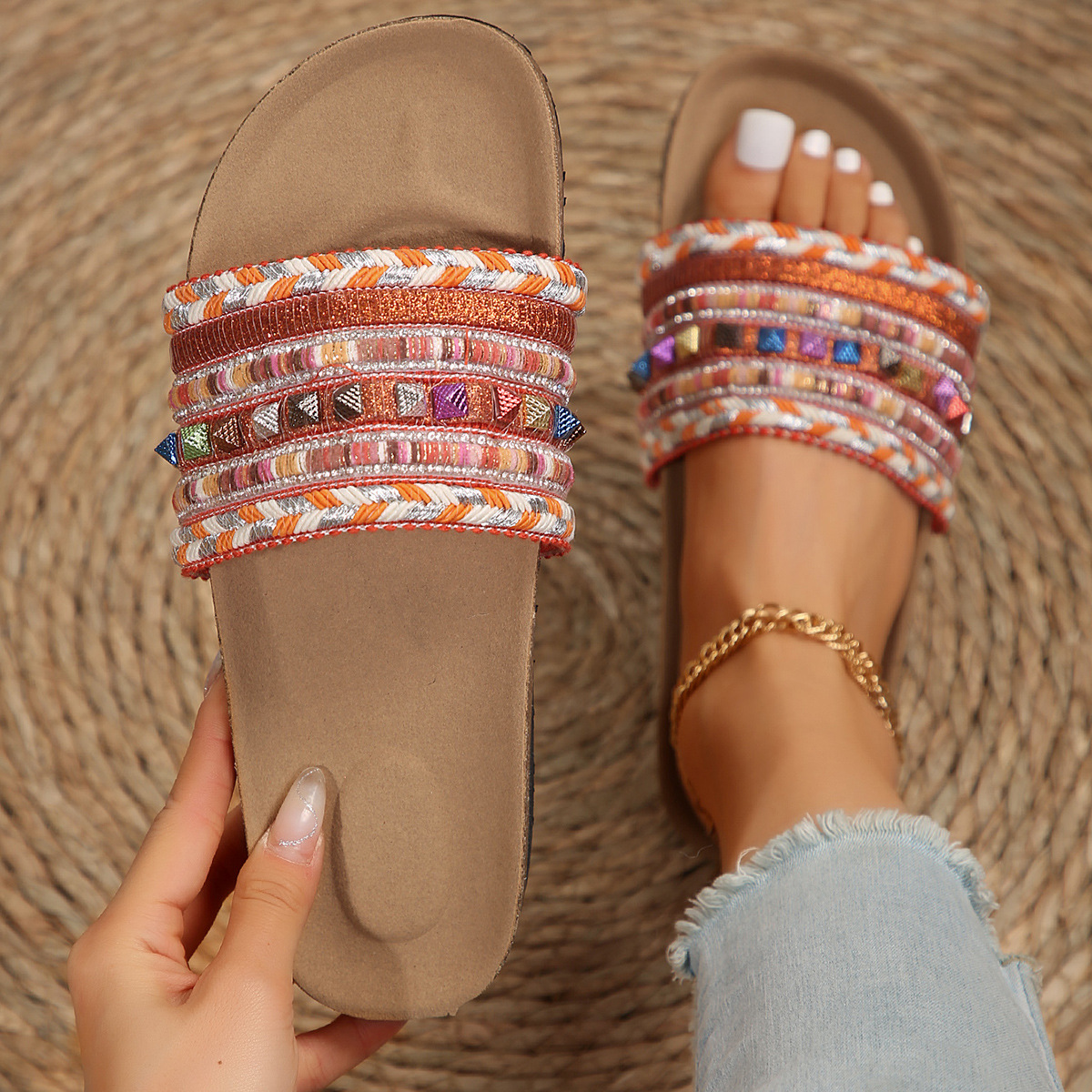 Ethnic Style Platform Slippers Rivet Plus Size Water Pine Beach Slippers foto 3