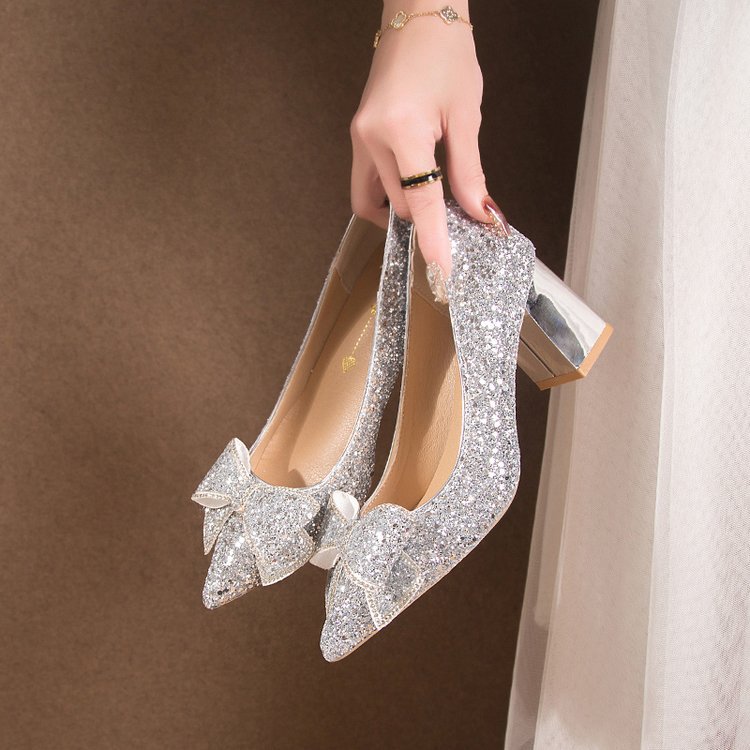 Crystal Sequins Wedding Xiuhe Chunky Heel Pointed-toe Shoes foto 2