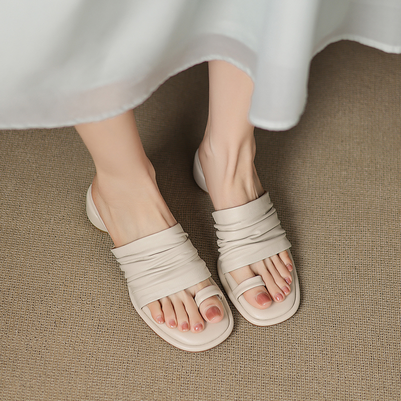 Women's Handmade Genuine Sheepskin Ruched Toe-Loop Block Heel Mules, Square-Toe Slide Sandals