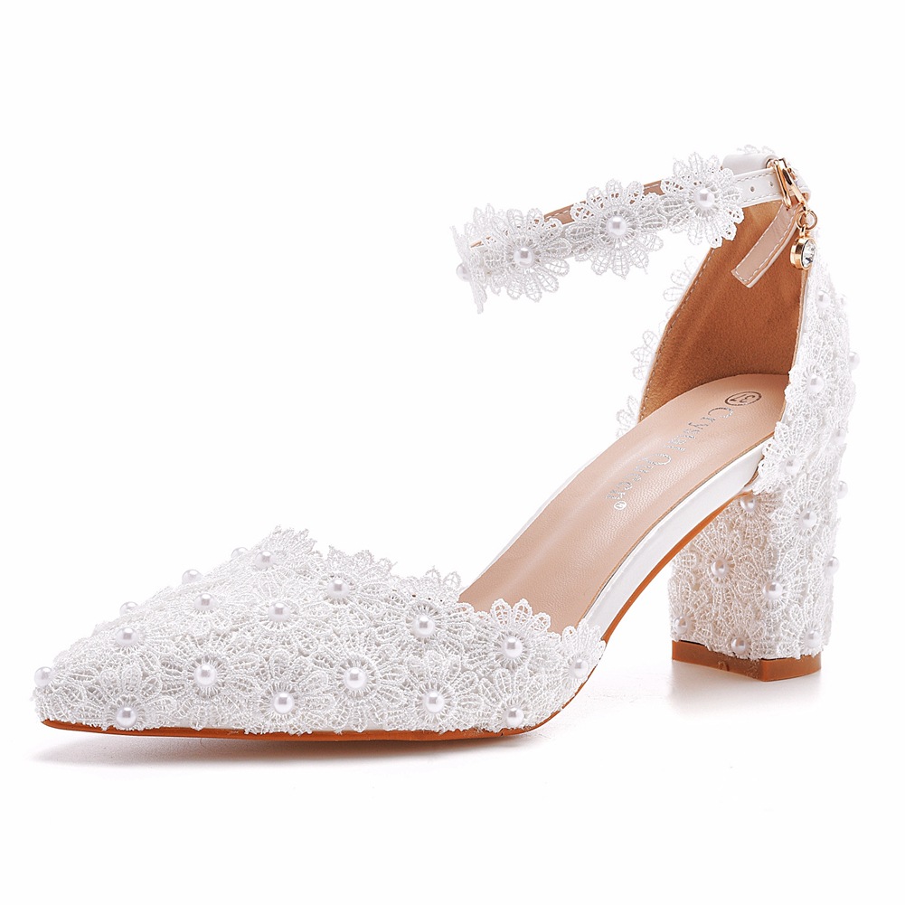 Chunky Heel Pointed Sandals White Wedding Shoes foto 2