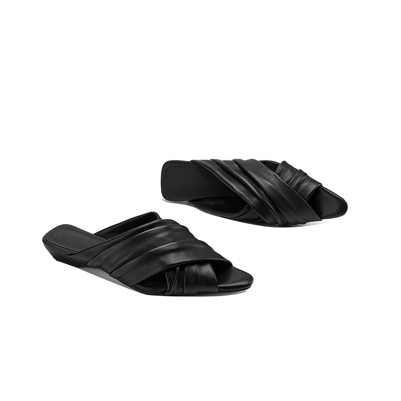 Women's Ruched Lambskin Slide Sandals, Square Toe Handmade Leather Flat Mules foto 2