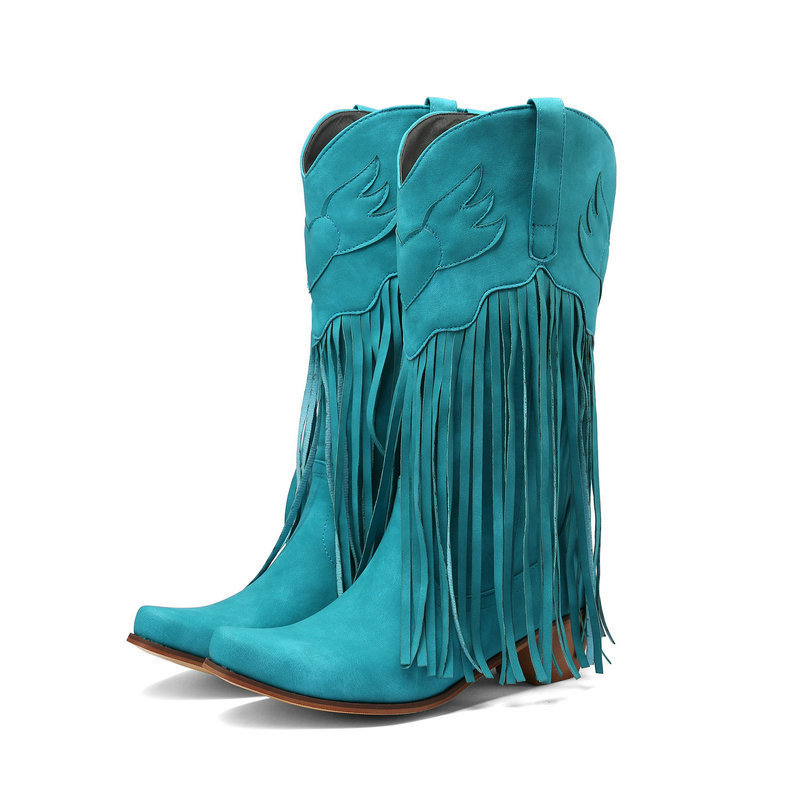 Womens Retro Mid-Calf Chunky Heel Round-Toe Boots foto 2