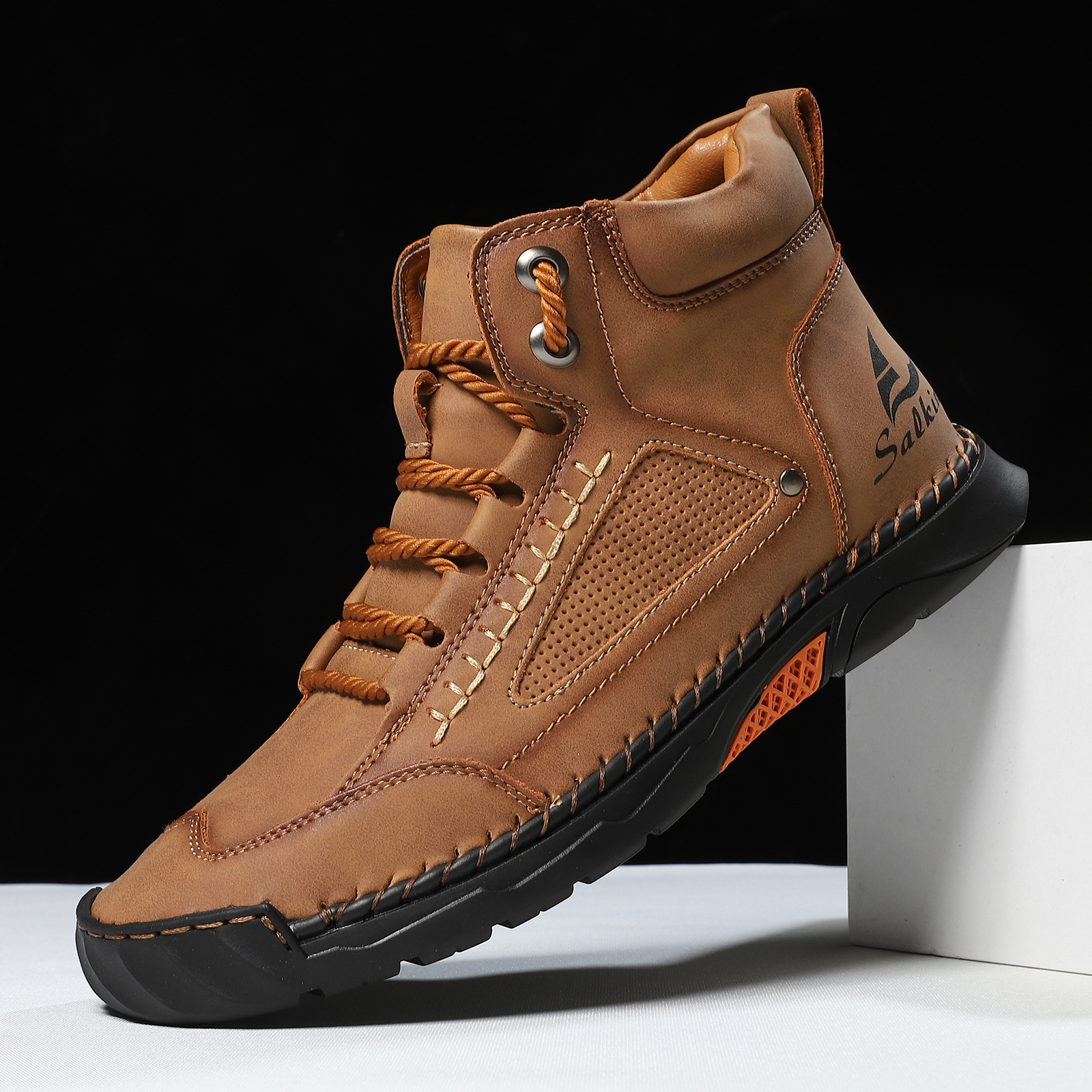 Cross-border PU Leather Handmade Stitching Ankle Boots Flat Lace-up Casual Shoes foto 3