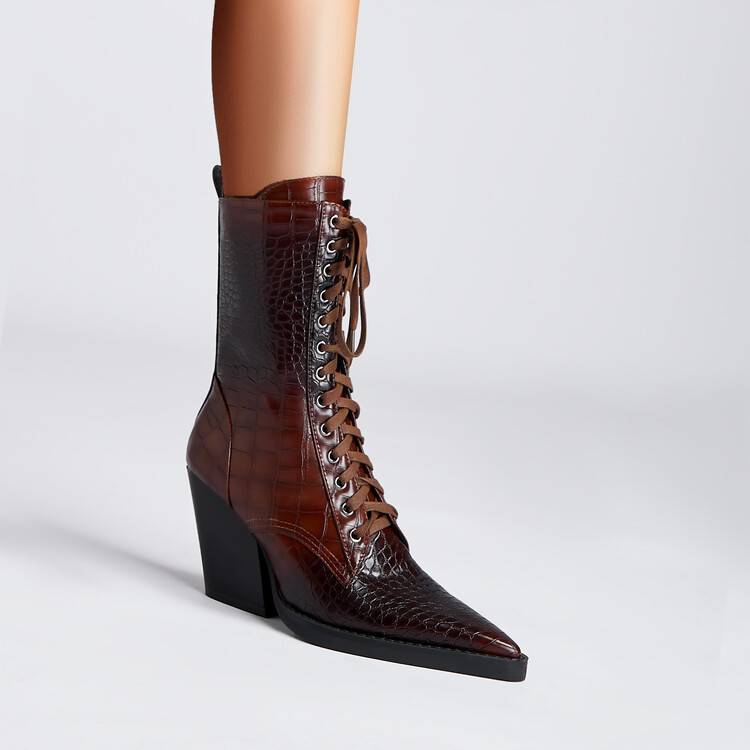 Retro Pointed Stone Pattern Chunky Heel Simple Lace High Heels Fashion Boots foto 3