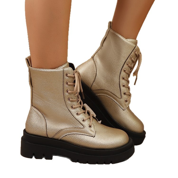 Leather Short Tube Lace Up Round Toe Platform Martin Boots foto 4
