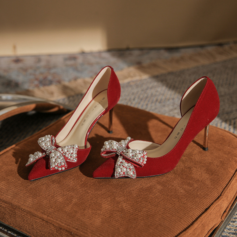 Women's Stiletto Heel Pointed Toe Side Empty Rhinestone Bow Pumps foto 2