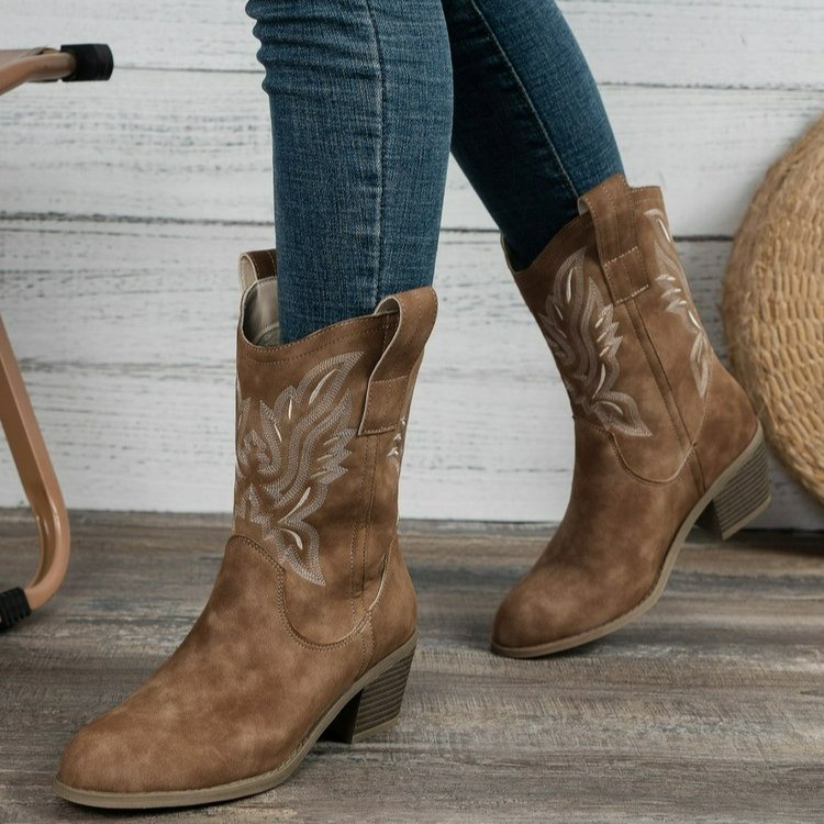 V Cut Embroidered Sleeve Thick Heel Middle Denim Women's Boots foto 5