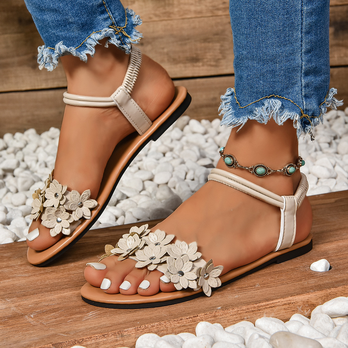 Bohemian Flat Flower Strap Sandals foto 3