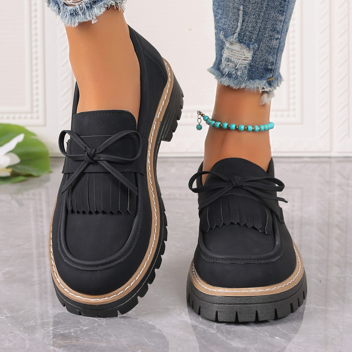 Plus Size Loafers Women Tassel Thick Heel Bowknot foto 5
