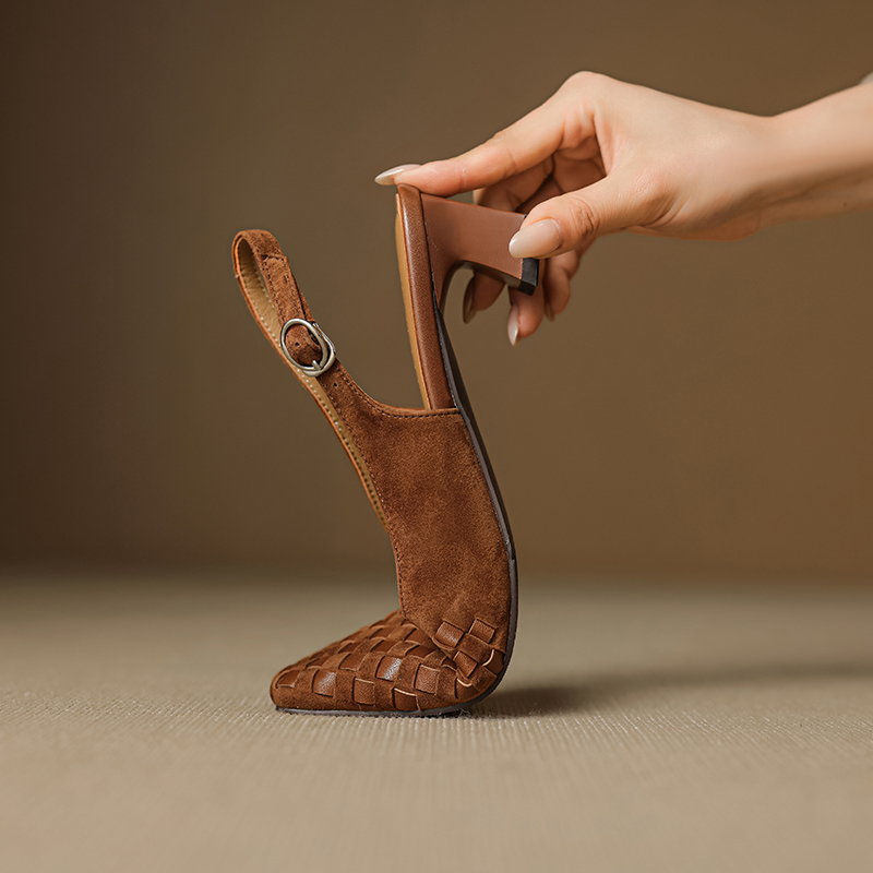Women's Handmade Suede Woven Slingback Block Heel Sandals, Square-Toe Buckle Dress Shoes foto 2