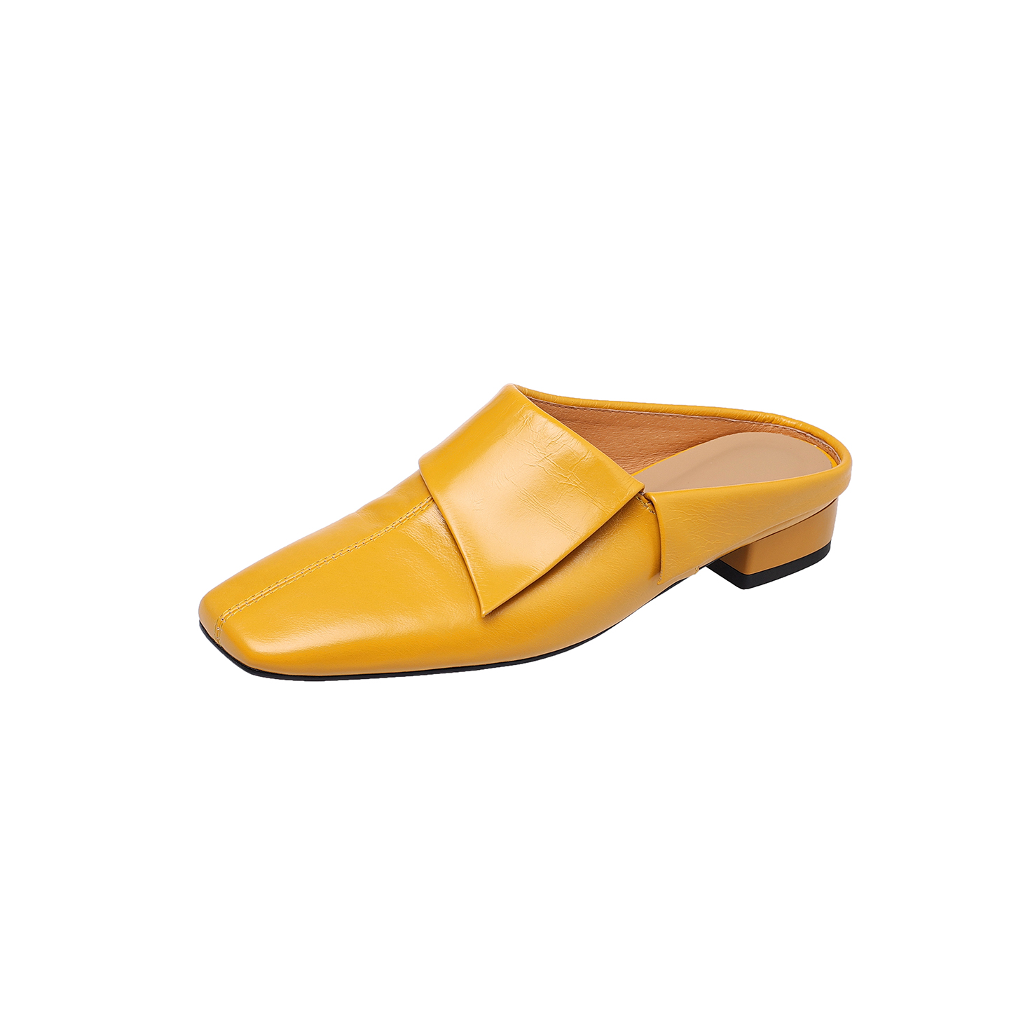Vintage Washed Full-Grain Cowhide Fold-Over Mules, Ladies Square Toe Low Heel Backless Loafers